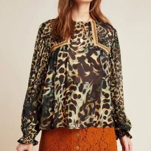 Anthropologie Bl-nk London Miranda Joelle Animal Print Peasant Blouse SZ Med